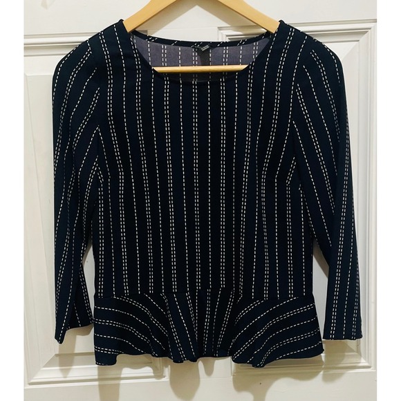 Ann Taylor Petite XXSP Black White Striped Peplum 3/4 Sleeve Blouse Top - Picture 1 of 3
